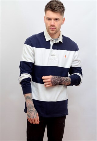 1990'S VINTAGE RALPH LAUREN RUGBY SWEATSHIRT IN BLUE/WHITE
