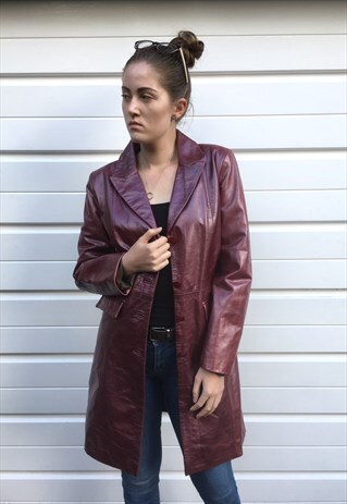 WOMENS VINTAGE BURGANDY RED LEATHER MAC TRENCH COAT JACKET