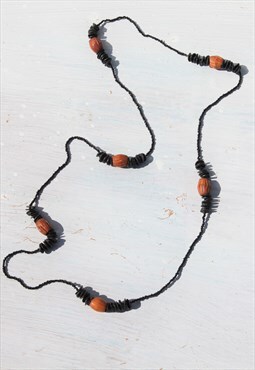 Deadstock vintage wood/seed beads long necklace.