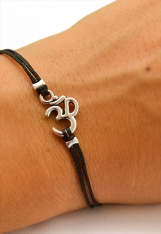 SILVER OM BRACELET WITH A BLACK CORD, GIFT FOR HER, YOGA