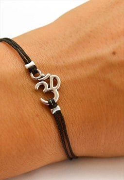 Silver Om charm bracelet black cord yoga gift for her Ohm
