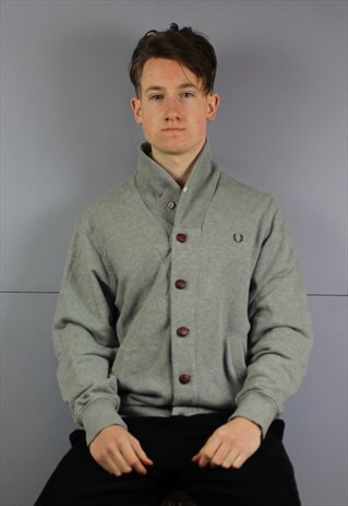 VINTAGE FRED PERRY BUTTON UP SWEATSHIRT IN GREY WITH POCKETS