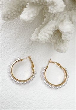 Gold Faux Pearl Hoop Circle Everyday Earrings