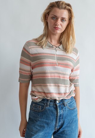 VINTAGE 80S STRIPE POLO TOP WITH ZIP