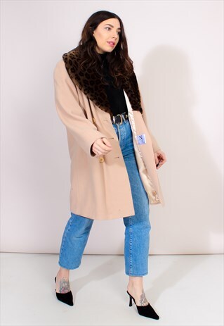VINTAGE 80S FAUX FUR WOOL CAMEL COAT
