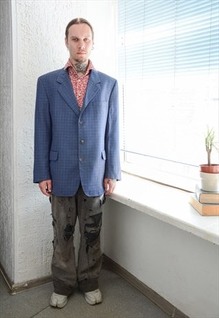 Vintage 80's Blue Checked Wool Blazer