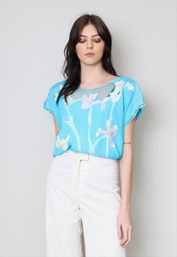 70's Vintage Ladies Blue Blouse Embroidery White Top 