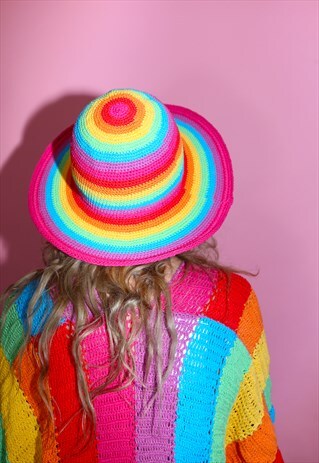 RAINBOW STRIPE CROCHET FLOPPY SUN HAT