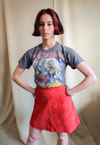 VINTAGE 70S RED SUEDE LEATHER PATCHWORK MINI SKATER SKIRT