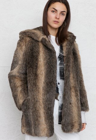 VINTAGE BROWN GREY FAUX FUR COAT