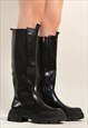 BLACK PU CHUNKY SOLE KNEE LENGTH WELLIE BOOTS