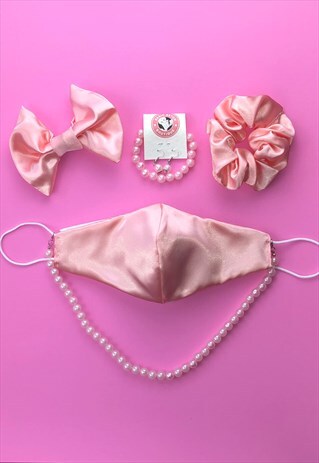 PINK SATIN FACE COVERING SET WITH NECKLACE & HAIR ACCESSORY