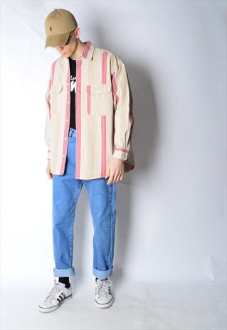 VINTAGE 90S BEIGE RED STRIPED LONG SLEEVE SHIRT