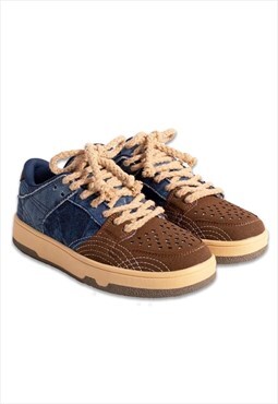 Denim sneakers chunky sole shoes jean trainers in blue brown