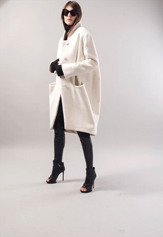 WHITE LINED COAT/CASHMERE WOOL COAT/WINTER/WARM/ F1731