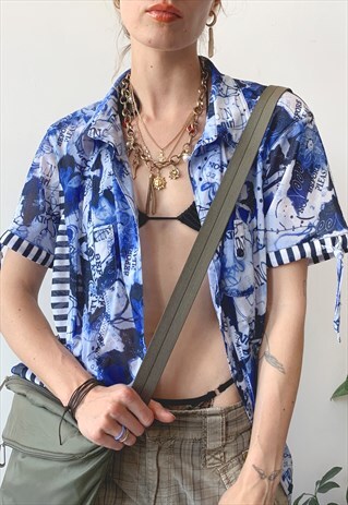 VINTAGE Y2K 00'S BLUE ABSTRACT PRINT SUMMER FESTIVAL SHIRT