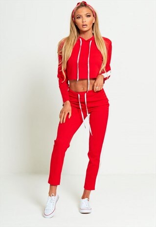 RED LUXE LOUNGEWEAR TRACKSUIT WITH WHITE PANEL DETAILING