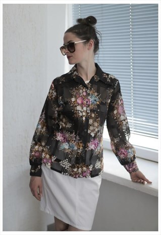 VINTAGE 80'S BLACK FLOWER PRINT TRANSPARENT SHIRT