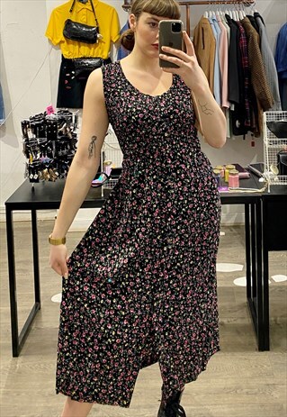 VINTAGE 90S DRESS FLORAL IN BLACK W PINK AND YELLOW FLOWERS