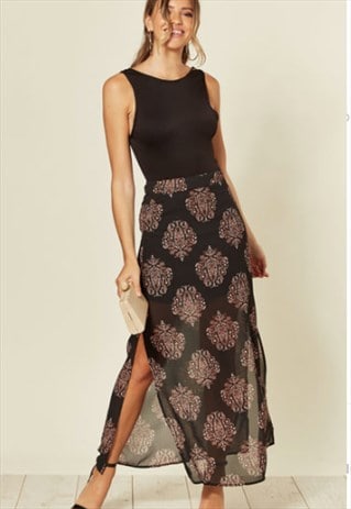 BLACK SHEER MAXI SKIRT WITH MINI SKIRT LINING