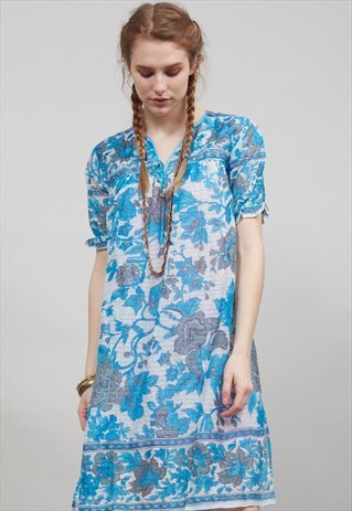 VINTAGE 70'S BLUE AND GREY FLORAL INDIAN BOHO DRESS