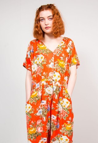 90'S VINTAGE RED FLORAL PATTERN SUMMER PLAYSUIT