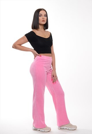 BABY PINK WIDE LEG VINTAGE 90'S VELVET TRACKSUIT BOTTOMS