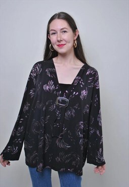 Vintage black abstract blouse, retro pullover plus size top
