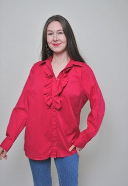 Red ruffled blouse, 90s poetic shirt woman vintage Edwardian