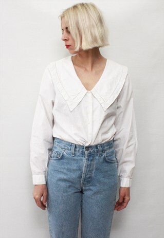 VINTAGE 80' AMAZING CUTE WHITE SHIRT WITH ELEGANT COLLAR