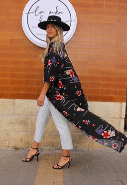 Long Floral Kimono in Black