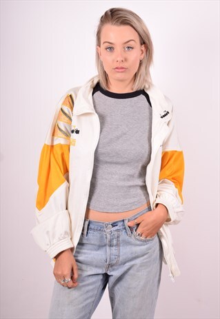 DIADORA WOMENS VINTAGE TRACKSUIT TOP JACKET LARGE BEIGE 90'S