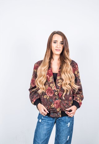 VINTAGE 1980S FESTIVAL RED AND BROWN PATTERNED BOMBER JACKET
