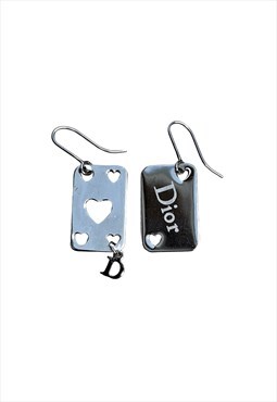 Christian Dior Earrings Silver Logo Heart Playing Card Metal