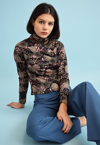 70'S RETRO TURTLENECK ABSTRACT PRINT LYCRA TOP BLOUSE
