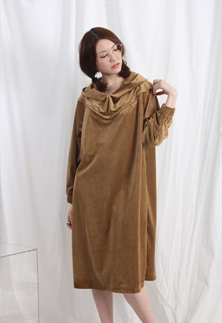 (KOREAN) HOODED VELVET DRESS LT. BROWN