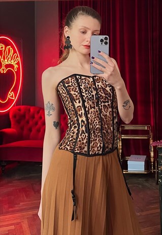 LEOPARD CORSET TOP WITH GARTER STRAPS AND ZIPPER CLOSURE