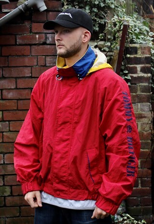 VINTAGE RED TOMMY HILFIGER SPELL OUT SAILING JACKET XL