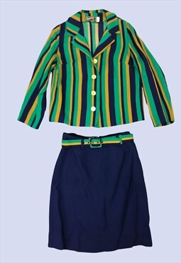 Vintage Navy Green Striped Jacket Pencil Skirt Work Suit 