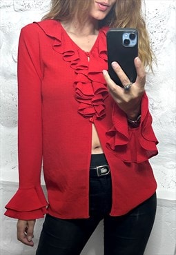 Vintage Red Ruffled Blouse - Large 