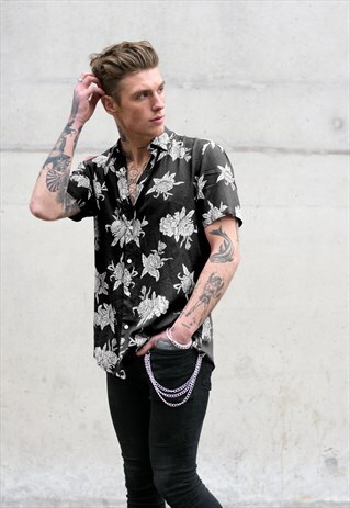 ESSENTIAL FLORAL FLOWER PATTERN PRINT SHIRT - BLACK/WHITE