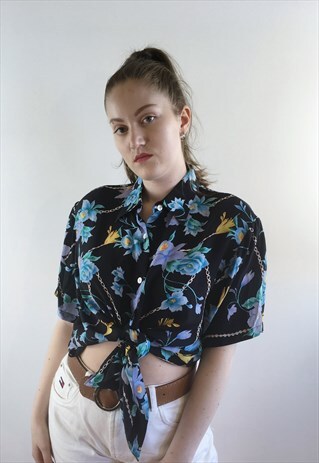 WOMENS VINTAGE 80S BLOUSE BLUE FLORAL OVERSIZED SHIRT TOP
