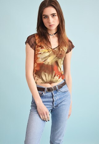 90'S RETRO DAISY PRINT KITSCH MESH TEEN LYCRA TOP