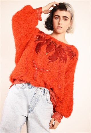 80'S RETRO FLUFFY FURRY MOMS BEADED SLOUCHY KNIT JUMPER