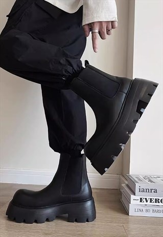 Punk platform ankle boots chunky PU goth shoes in black