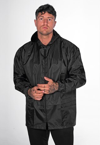 LIGHTWEIGHT SHOWERPROOF ZIP MAC CAGOULE COAT JACKET - BLACK