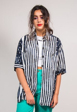 VINTAGE 90'S MONOCHROME SPOTTED AND STRIPED SHIRT BLOUSE