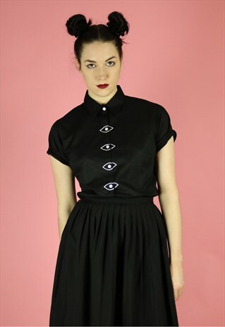 EYE BUTTON DETAIL COTTON SHIRT BLOUSE - BLACK