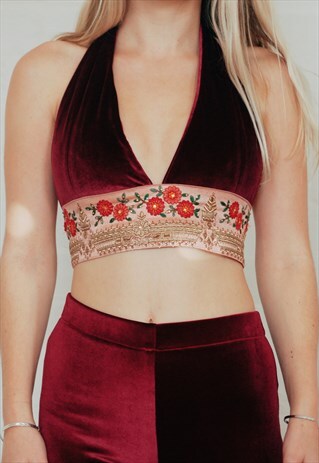 BURGUNDY VELVET HALTERNECK WITH INDIAN EMBELLISHMENT