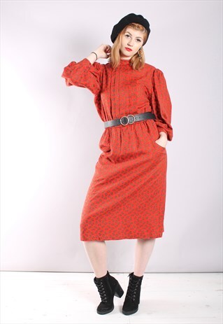 VINTAGE 60S RED PAISLEY PATTERN HIGH NECK MIDI DRESS